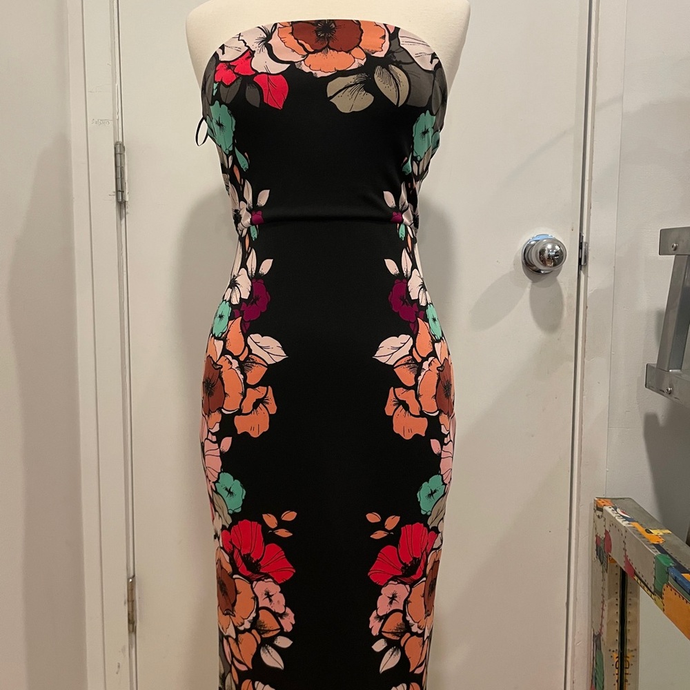 Floral Strapless Dress With Option For Straps - Black Multicolor Floral Accents